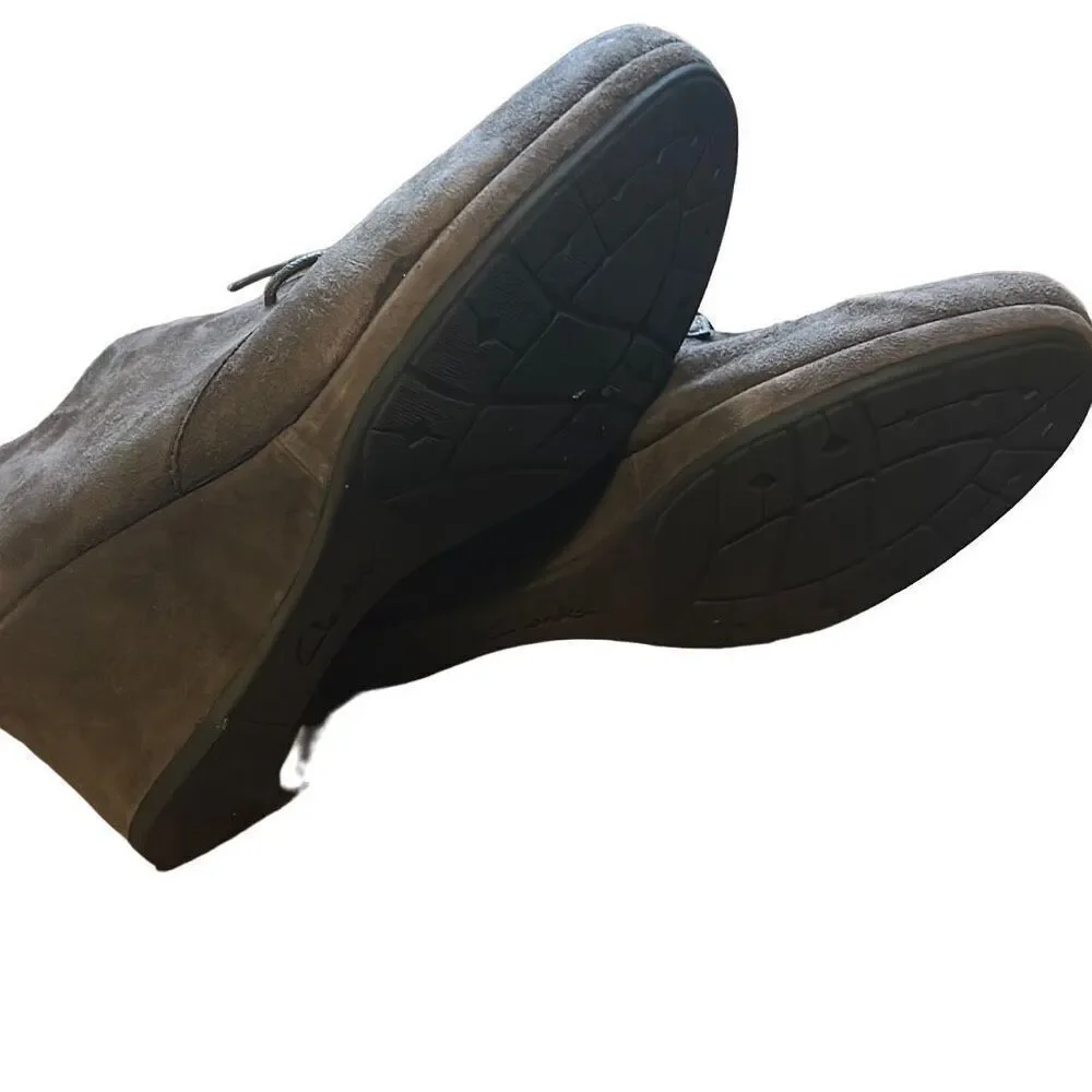 Clarks Women's Suede Wedge Ankle‎ Boots Lace Up Dark Gray Size 10M